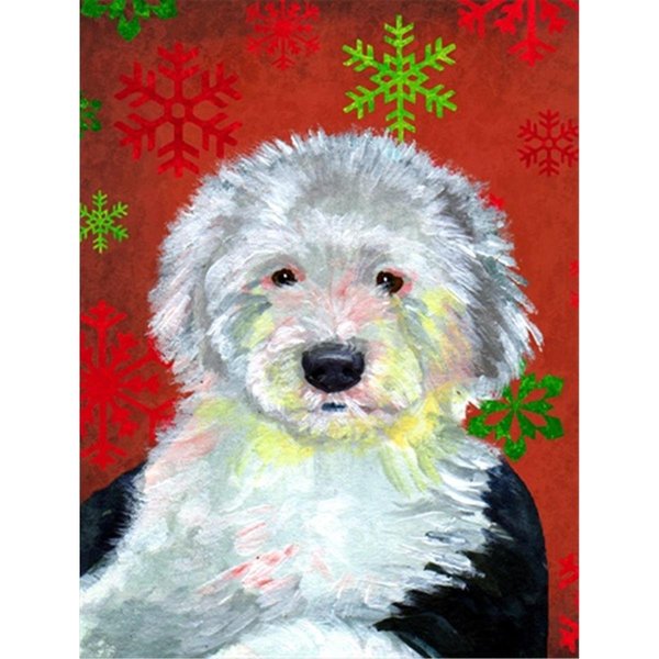 Patioplus 11 x 15 In. Old English Sheepdog Red Green Snowflakes Holiday Christmas Flag; Garden Size PA251993